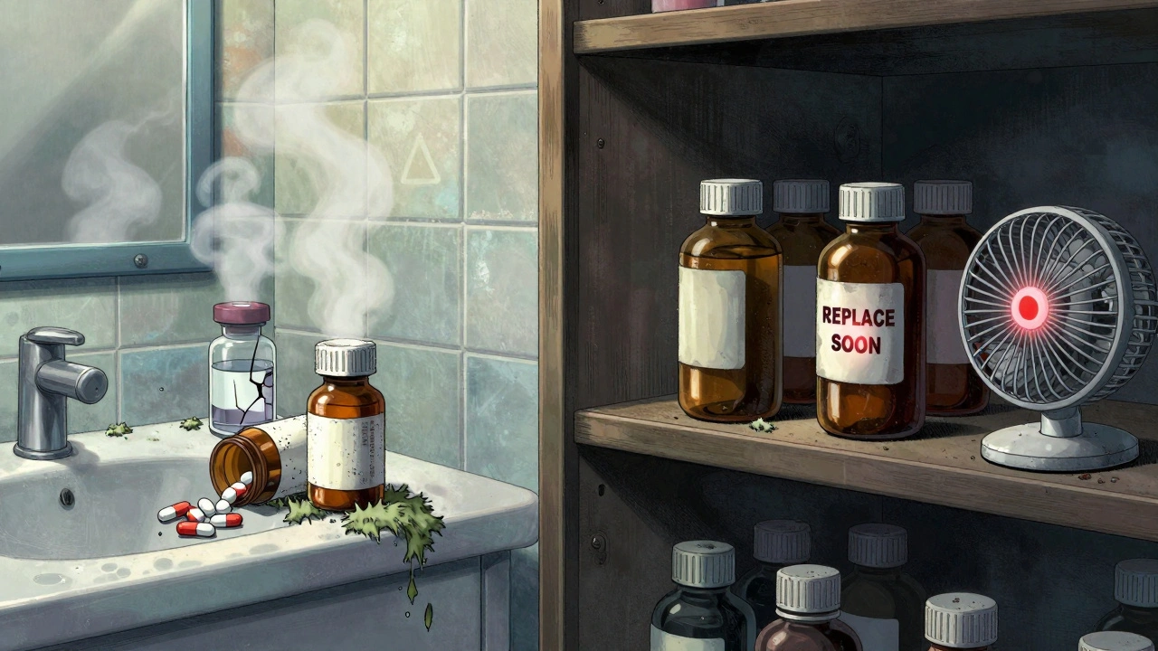 Manga-style contrast between a moldy, steamy bathroom and a safe, dark medicine closet.