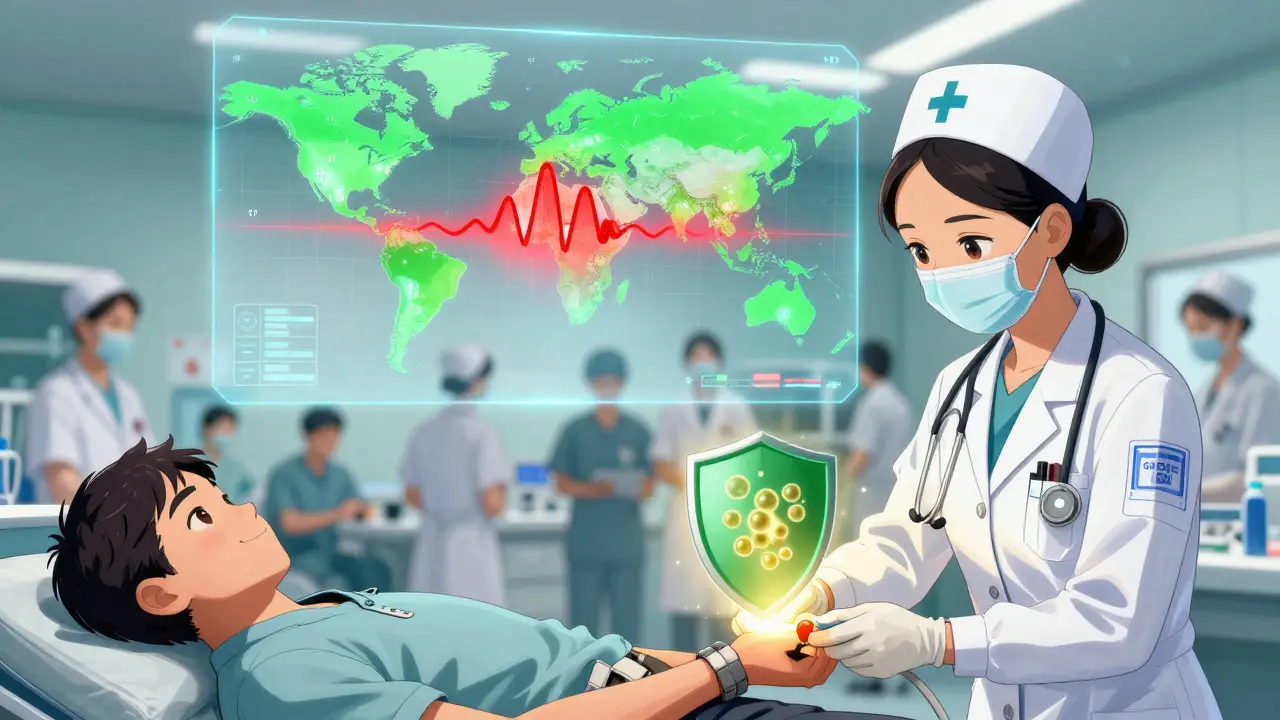 Nurse scanning patient with G6PD test device, holographic world map shows safe and unsafe regions.