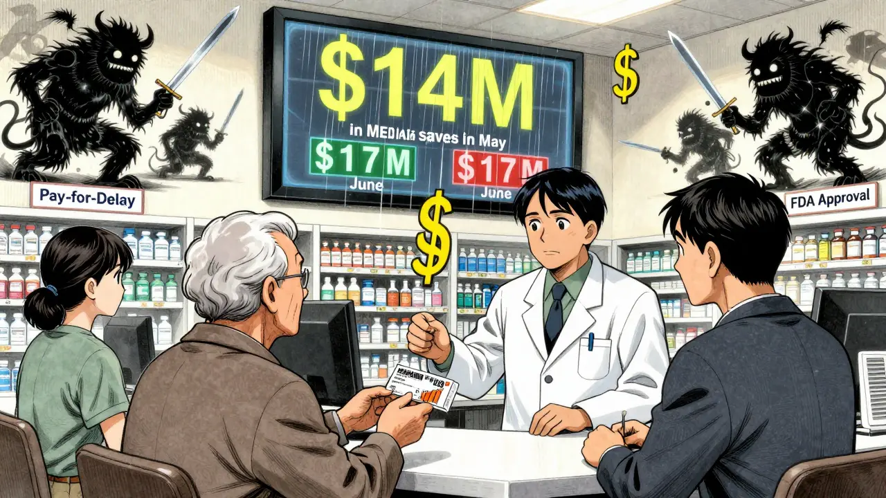 Pharmacist giving generic prescription as savings numbers fall like rain in background.