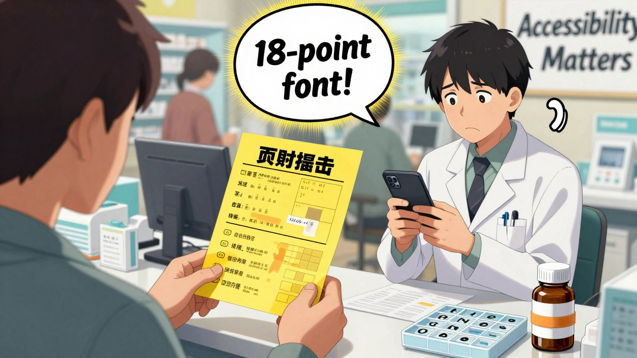 Pharmacist handing large-print label to patient, rubber band and pill organizer visible on counter.