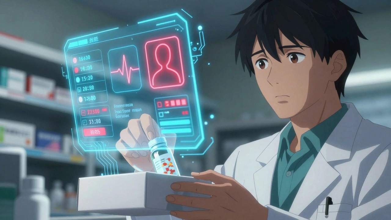 Pharmacist handling a pill bottle while a holographic AI system displays patient refill data.