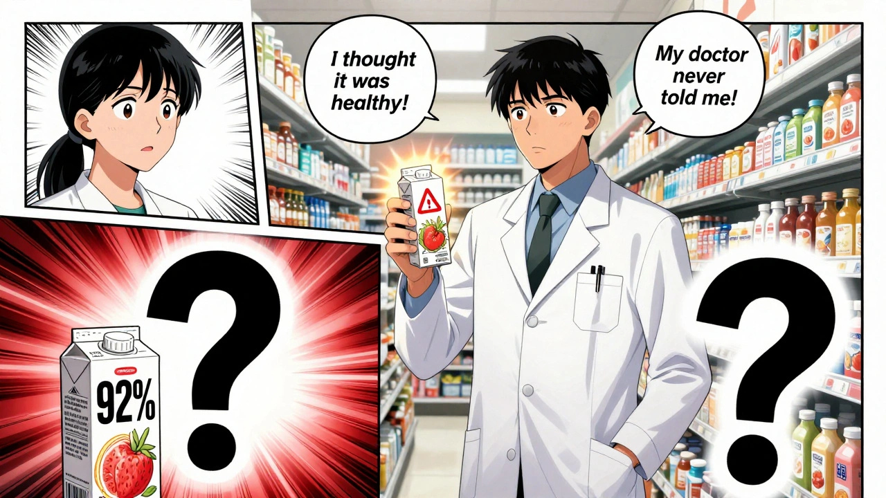 Pharmacist holding juice carton with warning symbols while confused patients surround them.