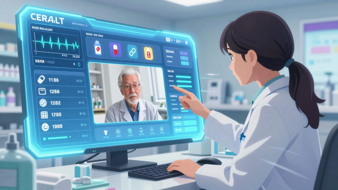 Pharmacist monitoring patient data on a glowing dashboard while video-calling an elderly patient for support.