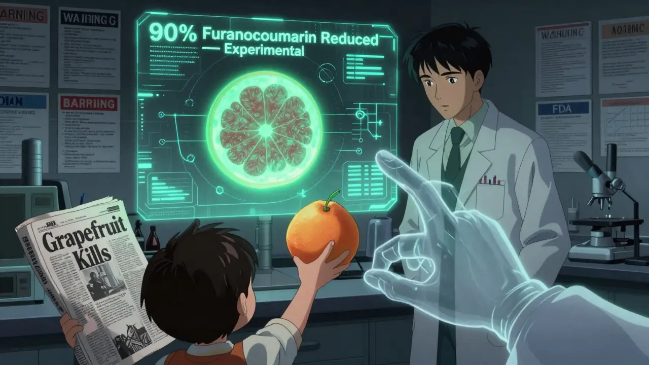 Scientists observe a modified grapefruit under hologram, while a child is stopped from touching a regular one by a historical figure.