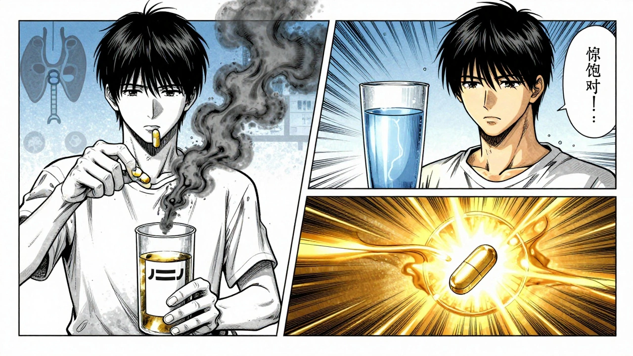 Split manga panel: failed medication absorption vs. proper timing with water.