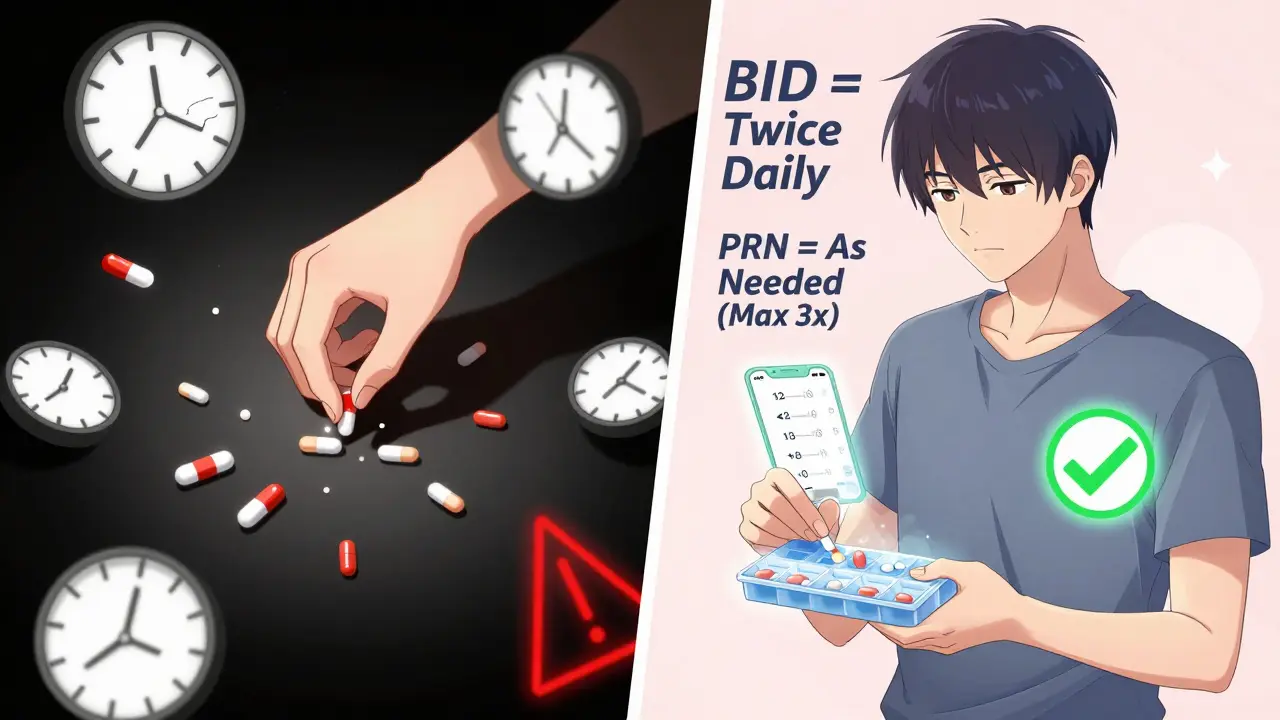Split scene: chaotic pill-taking vs. organized dosing with a pill organizer and app, showing clear instructions.
