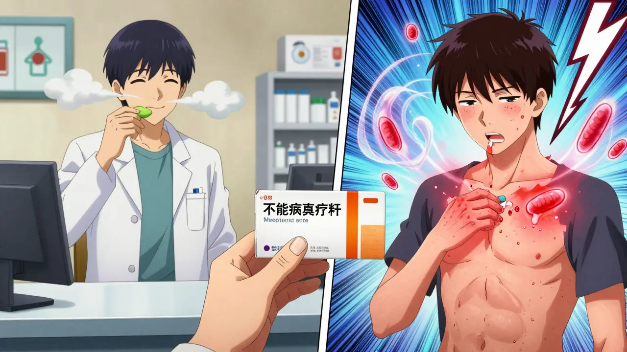 Split scene: patient taking metformin peacefully vs patient having allergic reaction to penicillin