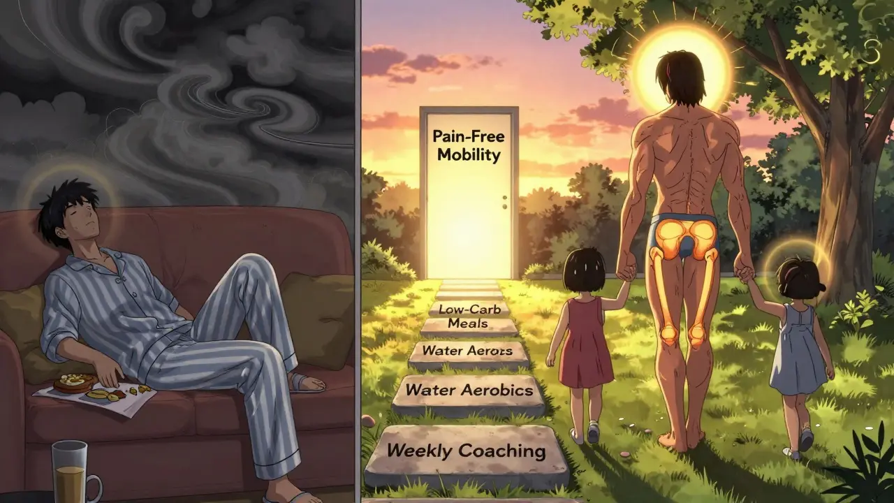 Split scene: person overweight on couch vs. same person walking with grandchildren in park, path of healthy habits leading to pain-free life.