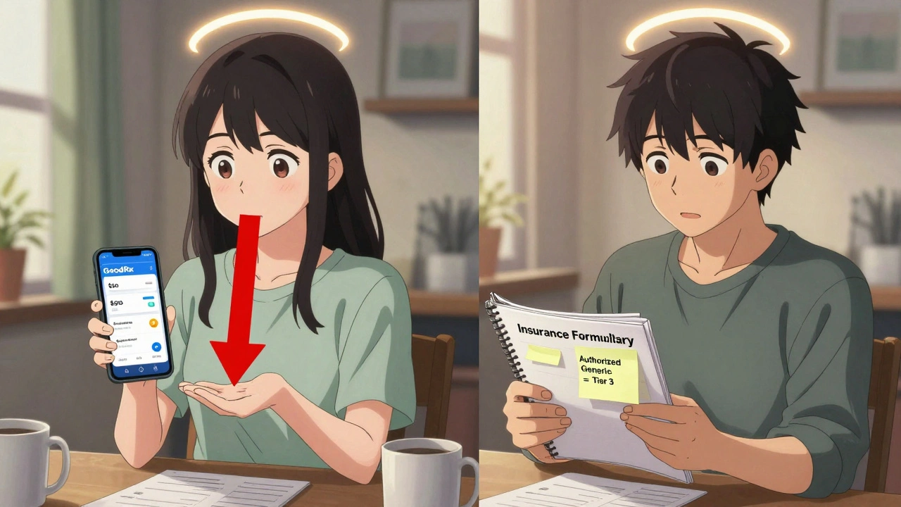 Two people comparing insurance formulary notes and a GoodRx app showing insulin price drop from 0 to .