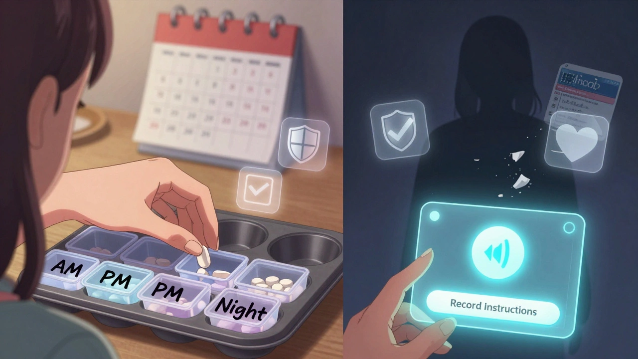 Woman organizing pills in muffin tin with bold labels, voice recording icon floating nearby.