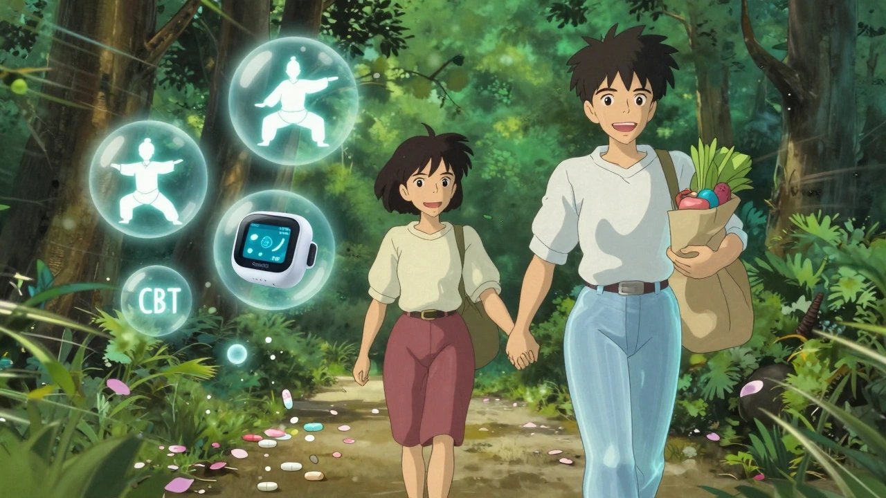 Woman walking with her future self through a forest, symbols of therapy and devices floating gently around them.