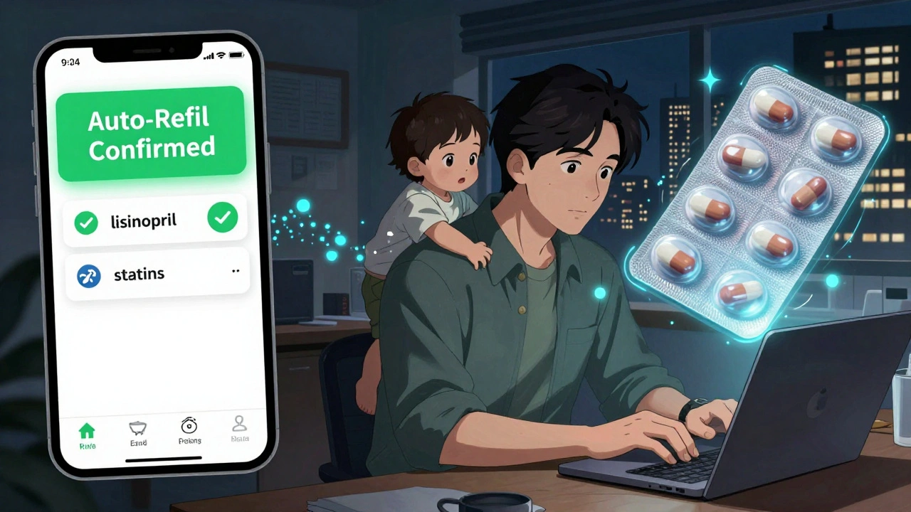 Working parent checking their pharmacy app as pills are shipped in a digital animation.