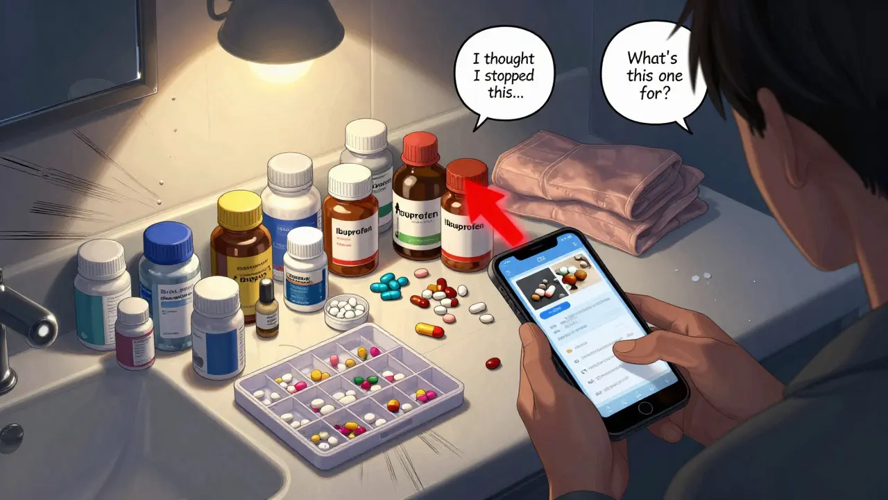 A cluttered bathroom counter with pill bottles, vitamins, and a phone showing a pill label at night.