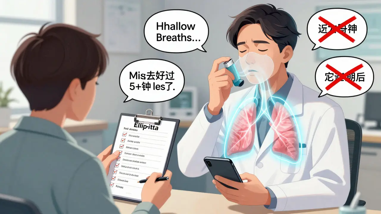 A doctor and patient reviewing inhaler technique with a checklist and tutorial video on a smartphone.