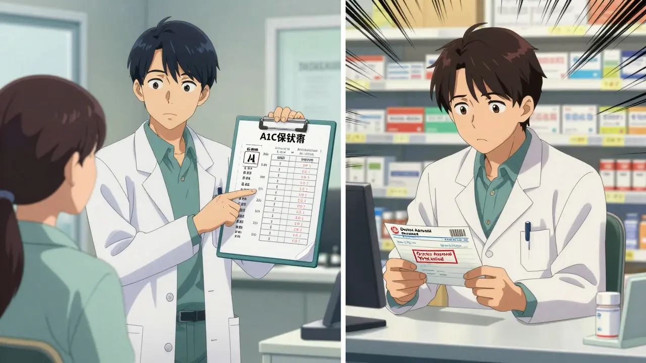 A doctor explains biosimilars to a patient while a pharmacist hesitates at the counter, shown in split-panel manga style.