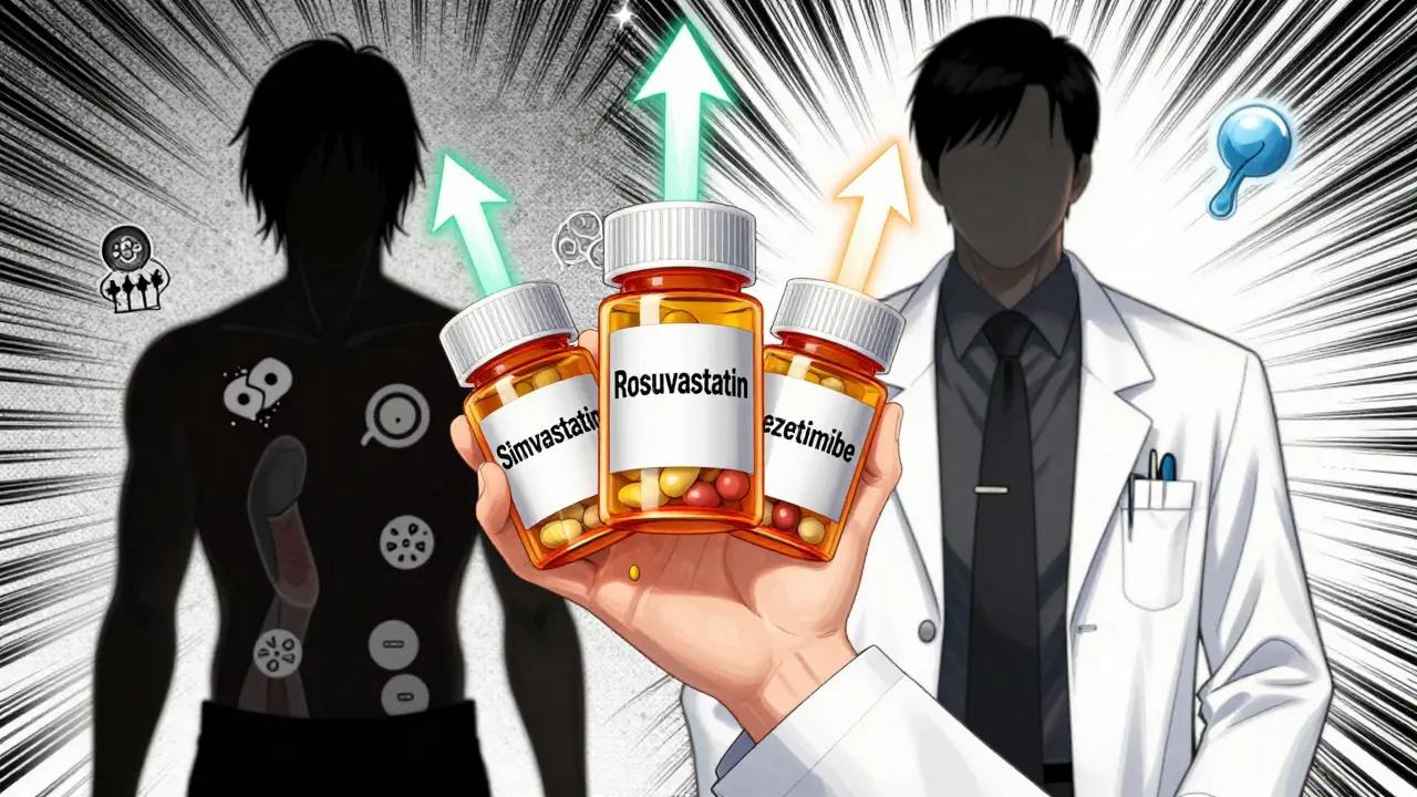 A doctor showing three pills with glowing paths showing how different statins affect the body, one causing muscle symptoms, another safe.
