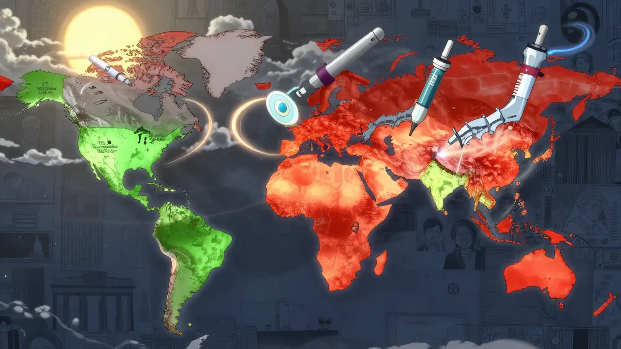 A global map showing biosimilar adoption rates with insulin delivery devices floating above, in anime manga style.