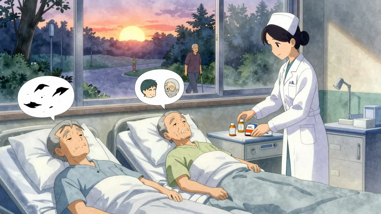 A nurse replaces a dangerous pill with a safe one as elderly patients regain clarity.