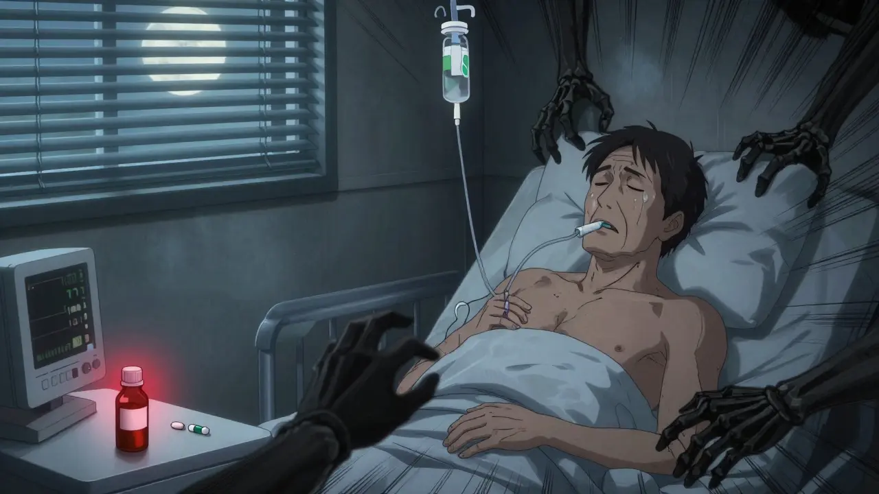 A patient in bed as shadowy hands drain their breath, surrounded by medical devices.