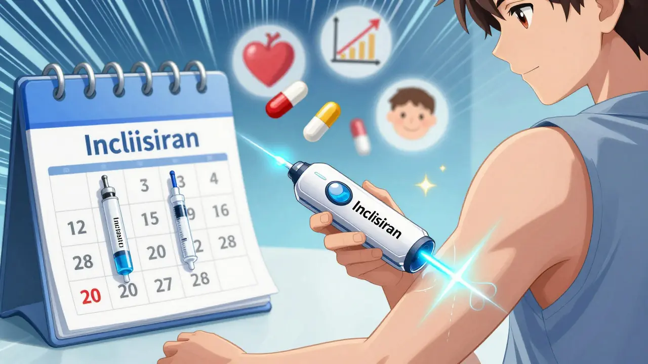 A patient receiving a futuristic injection that glows with light, symbolizing a twice-yearly cholesterol treatment, with statin pills fading away.