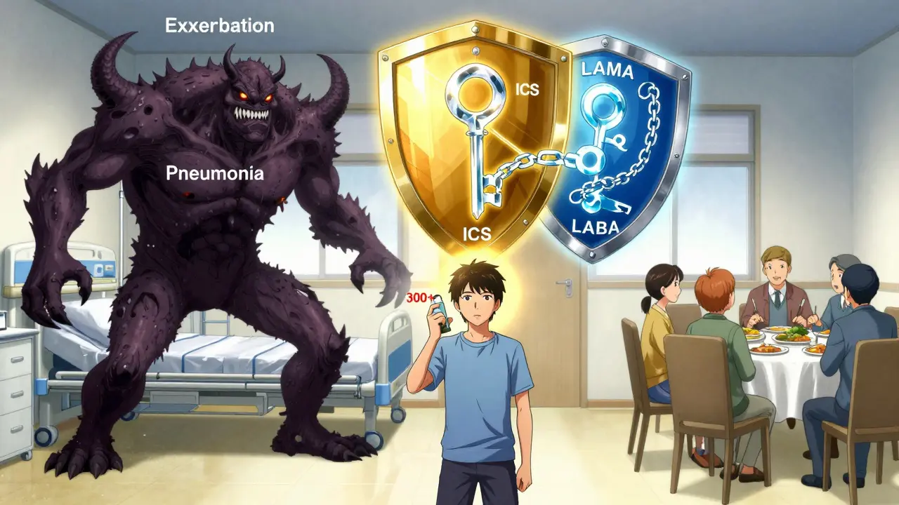 A patient wielding a triple therapy shield against COPD flare-up monsters, with high eosinophil count glowing above.