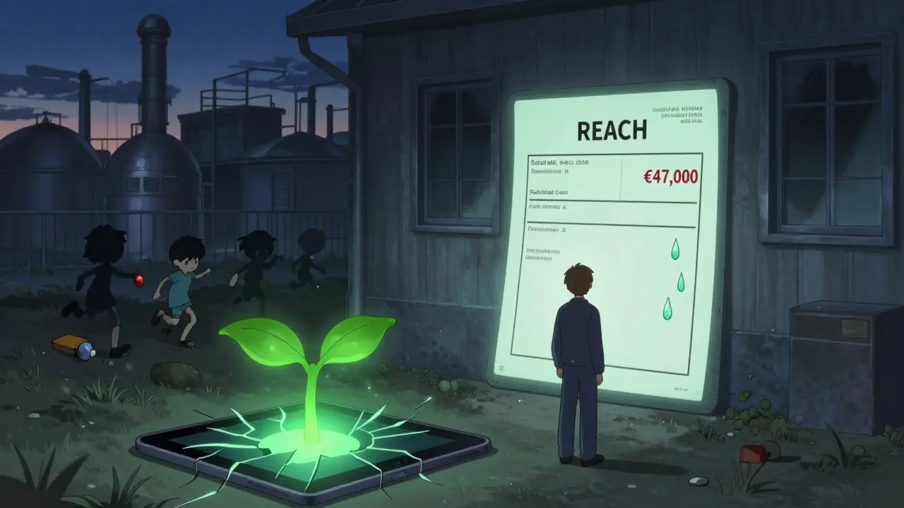 A small chemical factory worker staring at an unaffordable REACH authorization form, with toxic shadows fading and a green alternative growing nearby.