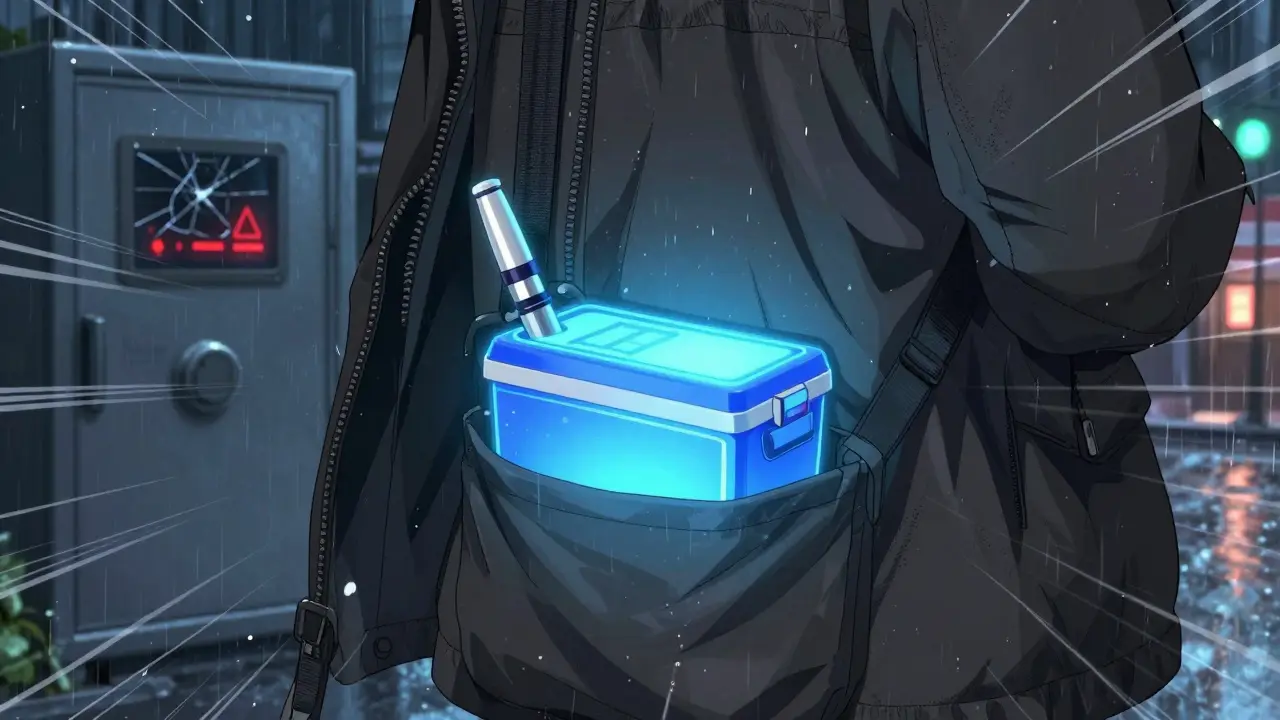 Biometric cooler with insulin in jacket pocket as traveler runs through rainy street at night.