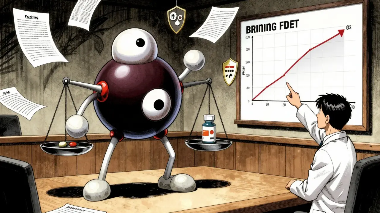 Biosimilar molecule standing against a brand drug on a scale, with legal and medical symbols in a courtroom scene.