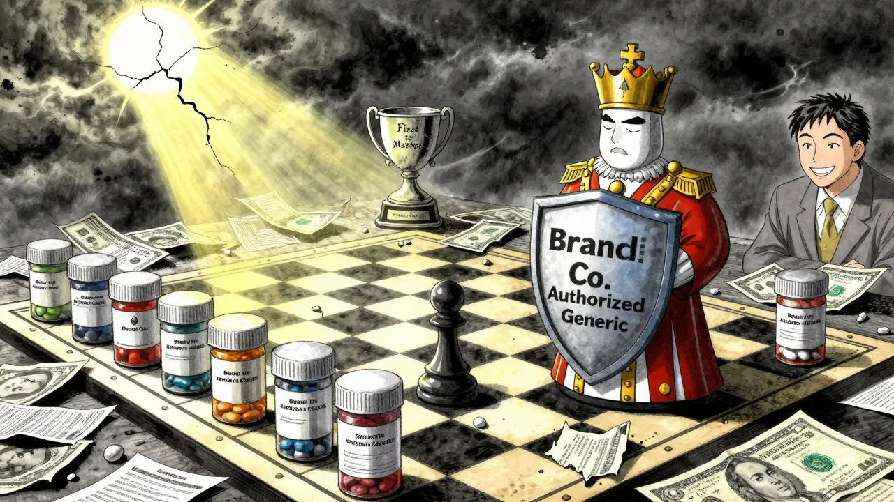Chessboard of pills and legal papers, generic pawn captured by brand king with authorized generic shield.