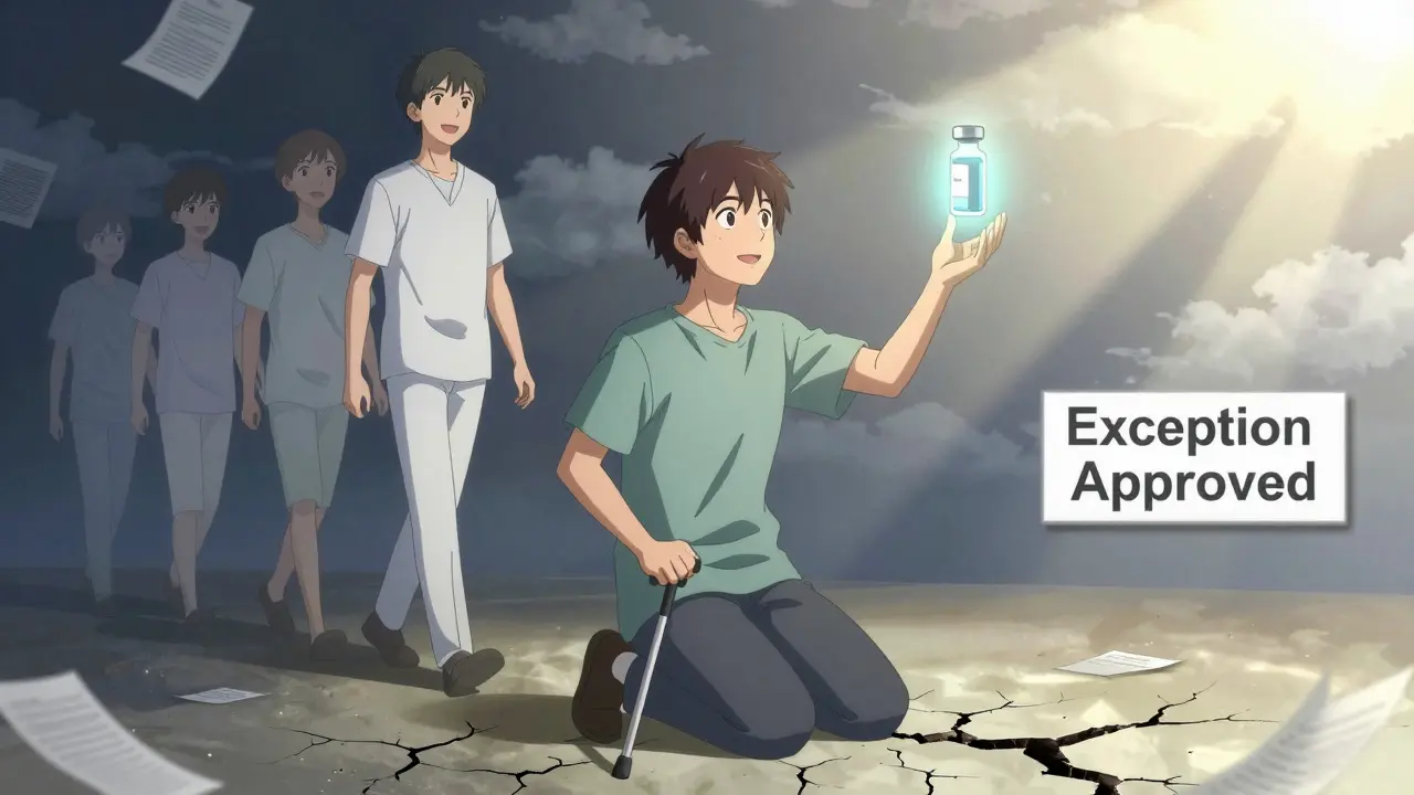 Chronic pain patient reaching for a glowing medication as ghostly versions of their healthier past self fade away.