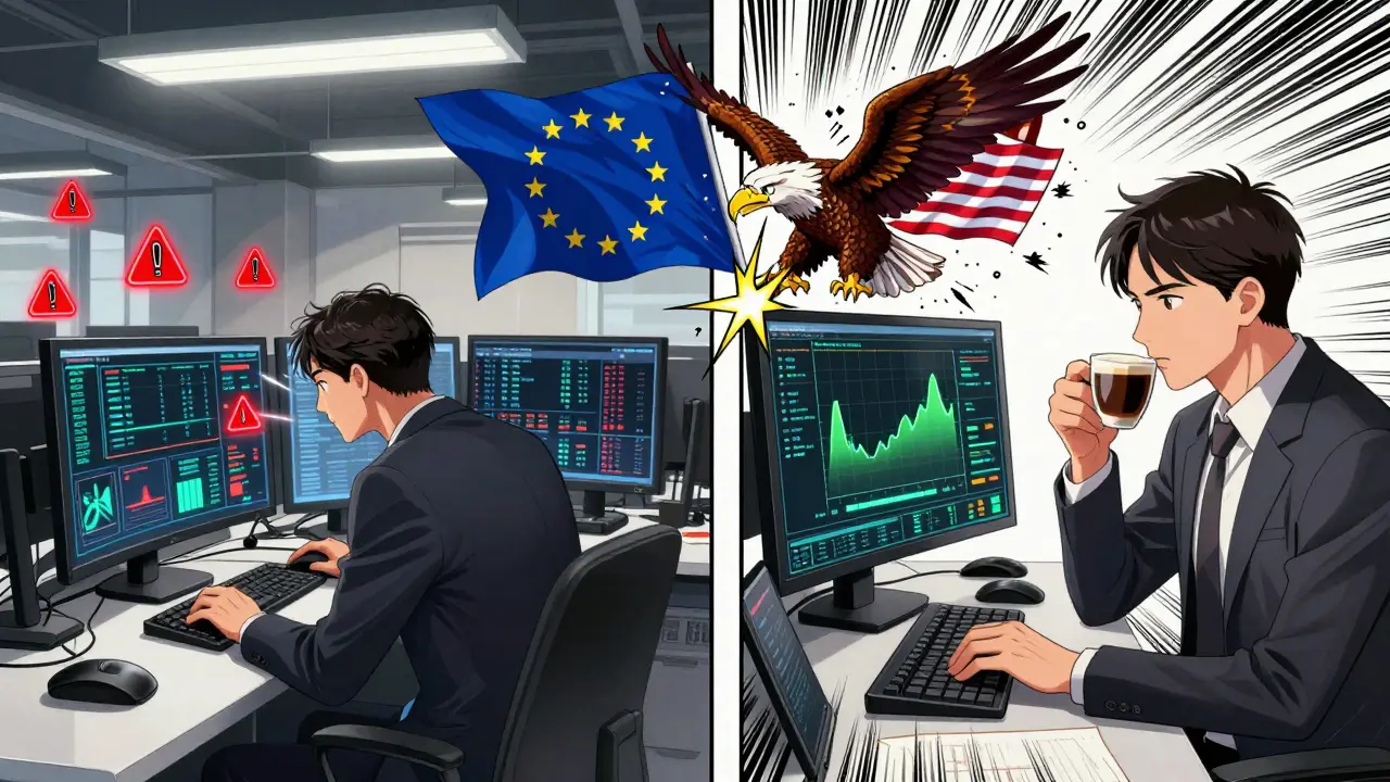 Contrasting banking desks in Frankfurt and New York, showing EU mandatory substitution vs. U.S. internal risk models under dramatic lighting.