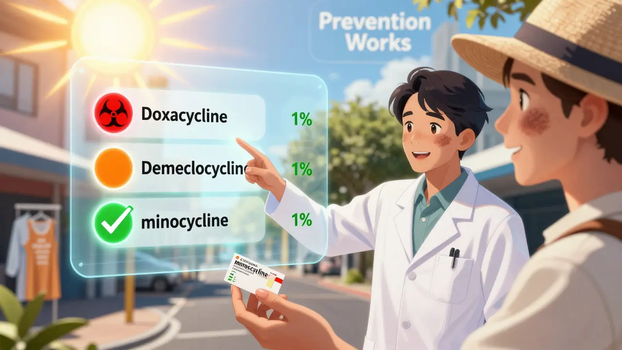 Dermatologist showing antibiotic risk chart to patient with sun damage, minocycline prescription in hand.