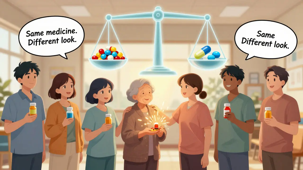 Diverse group of patients holding different colored generic pills under a balanced scale of trust.