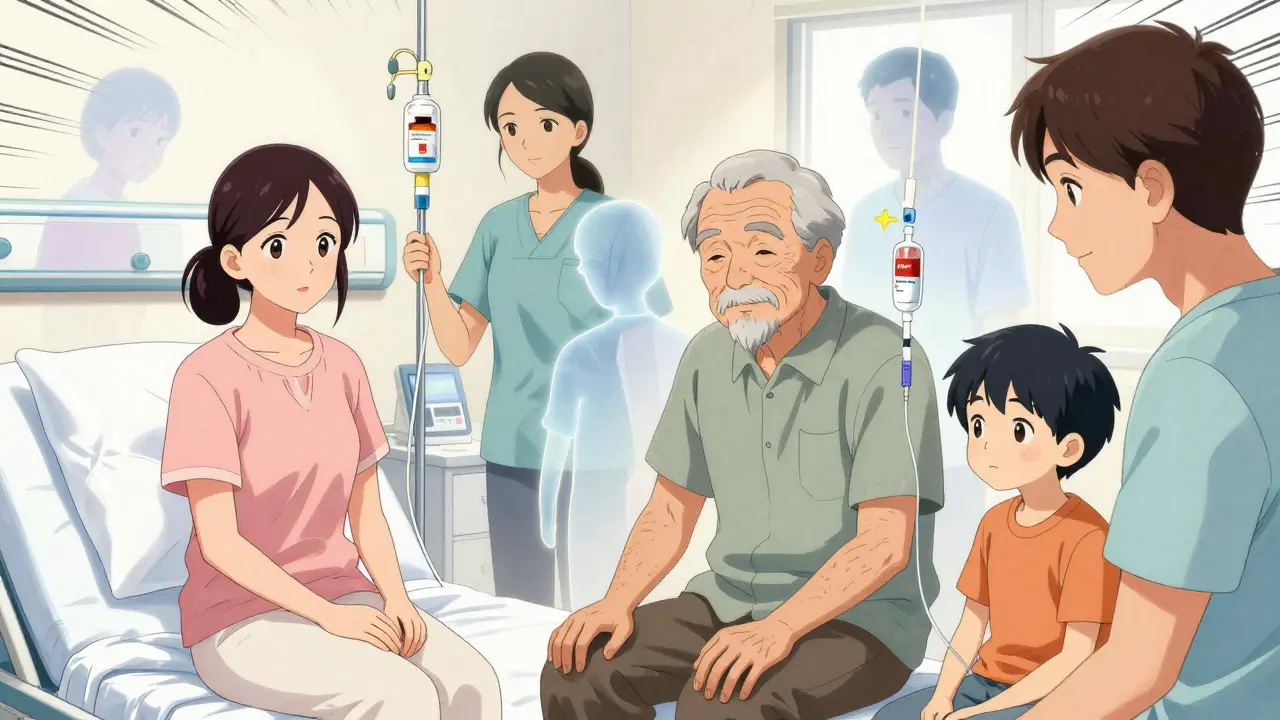 Diverse patients receiving biosimilar infusions in a hopeful hospital setting, with fading brand drugs behind them.