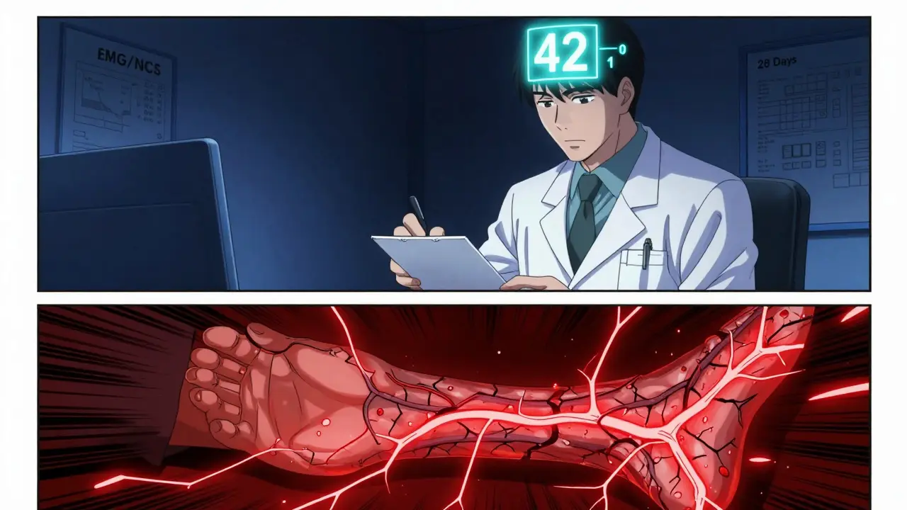 Doctor prescribing metronidazole as a 42-gram counter exceeds danger limit, patient's nerves fracturing in manga style.