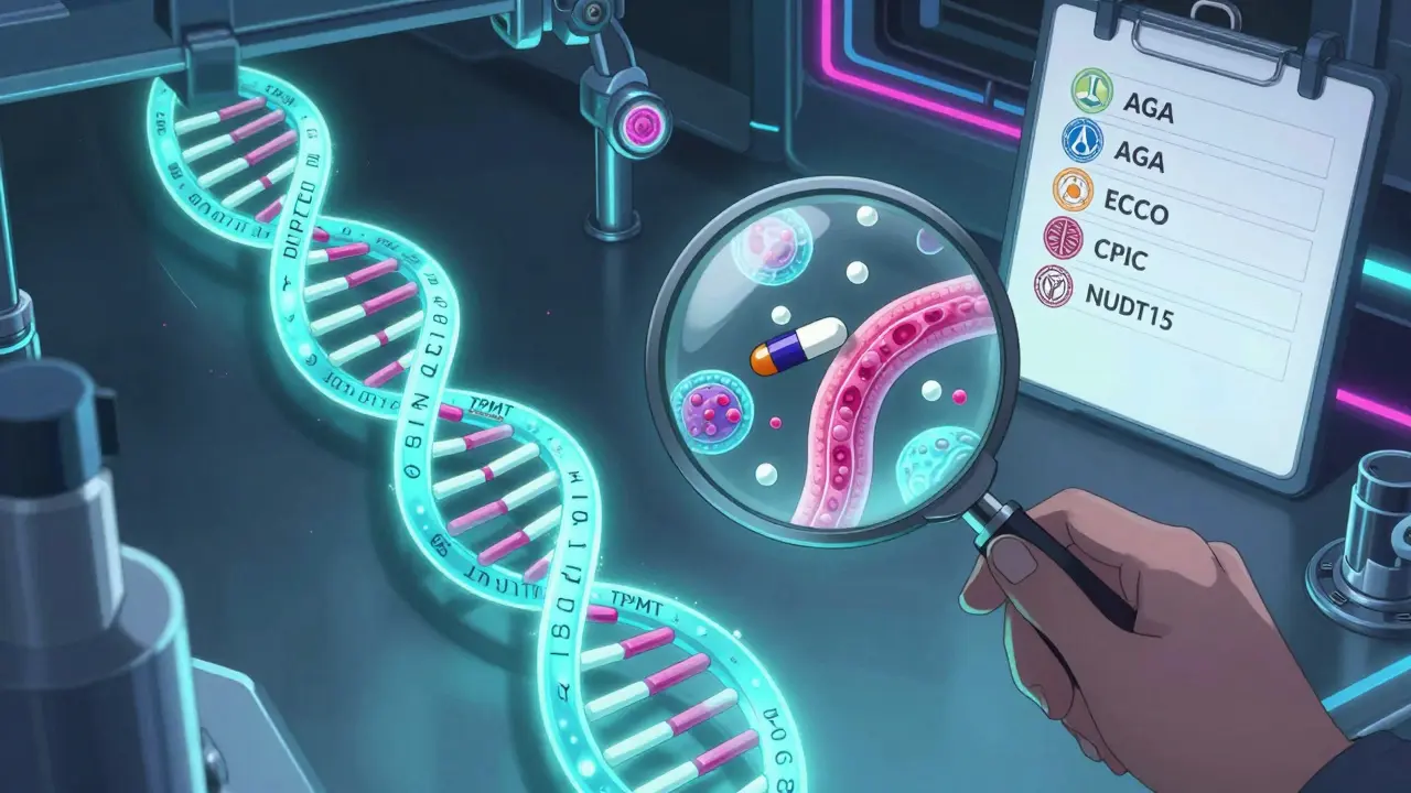 Glowing DNA helix shows TPMT and NUDT15 genes with drug molecules poisoning bone marrow cells.