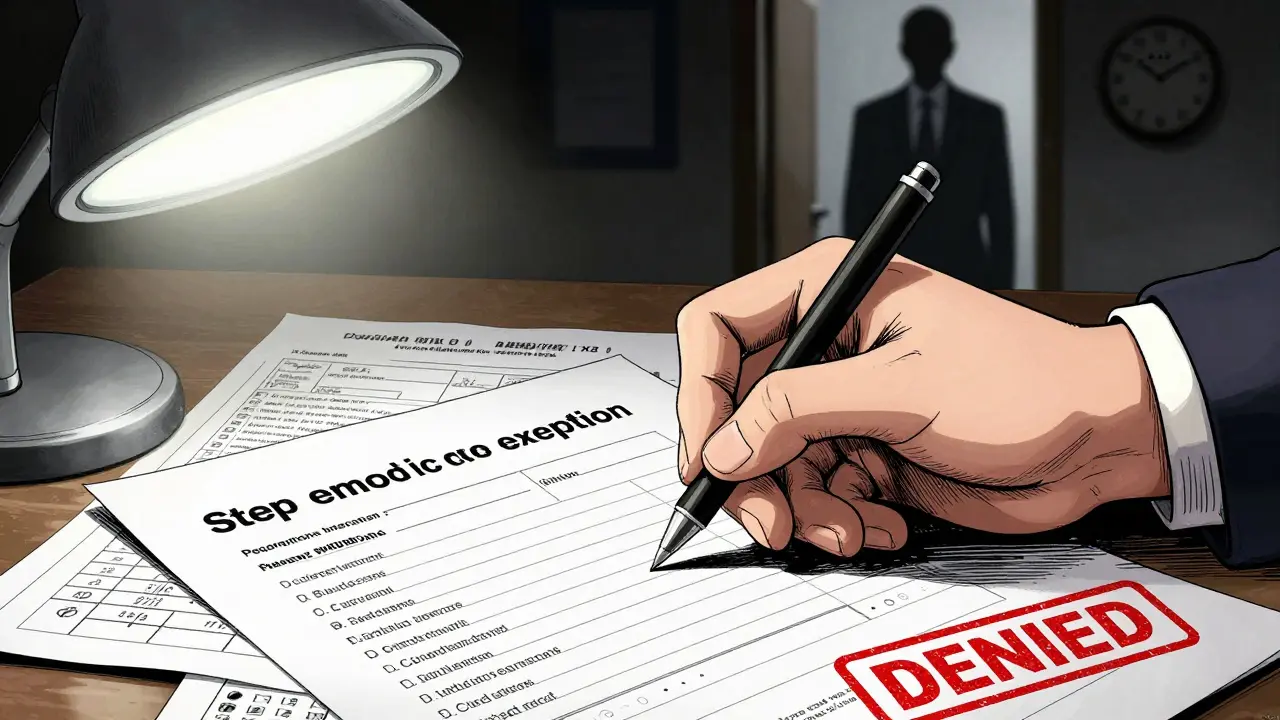 Hand signing a denied step therapy exception form, surrounded by medical documents and a ticking clock.