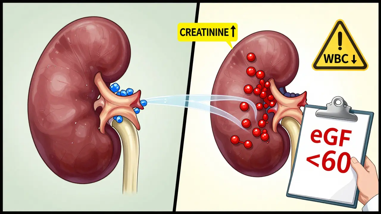 Healthy vs. blocked kidney tubules showing methotrexate backup due to NSAID interference