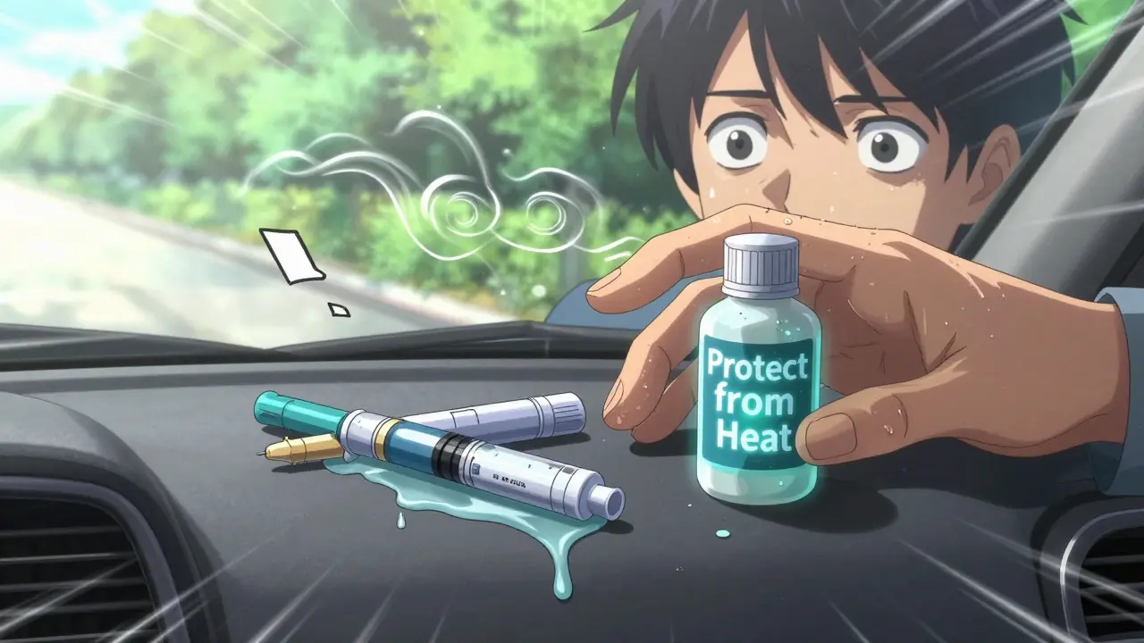 Insulin pen melting in a hot car under blazing sunlight with thermal waves.