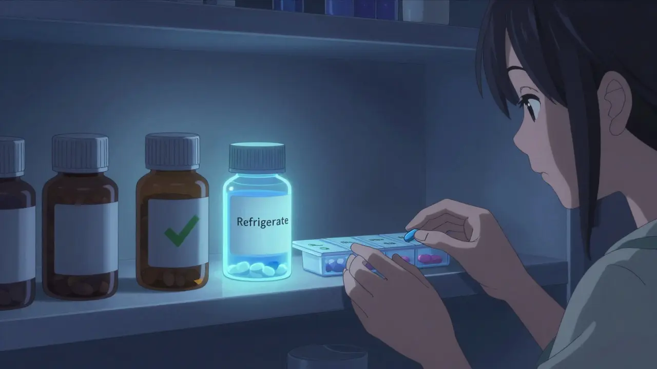 Medication bottles neatly stored on a moonlit bedroom shelf with glowing labels.