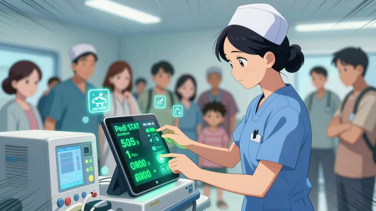 Nurse using a hospital dosing app on a tablet in an emergency room, with digital dosage readings glowing on screen.