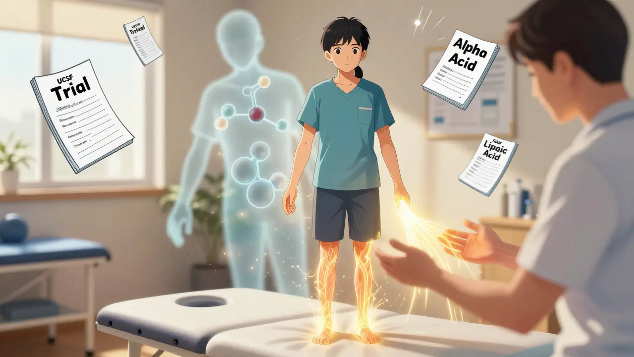 Patient receiving physical therapy with glowing healing energy, fading metronidazole molecule in background.