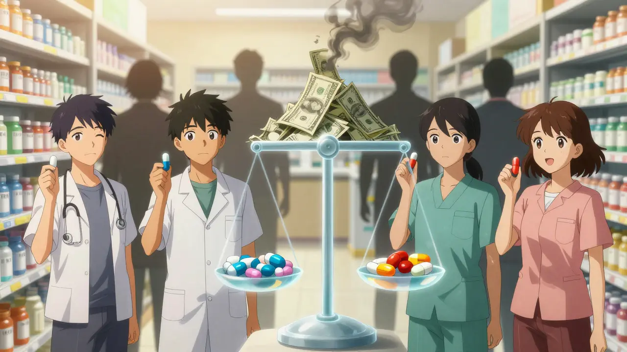 Patients holding generic pills as brand-name drugs fade away, symbolizing cost savings.