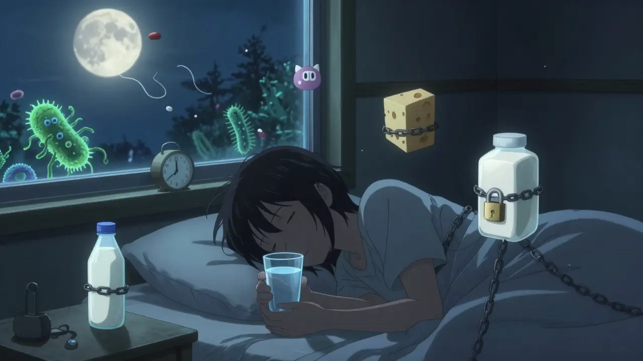 Person taking doxycycline at night, with dairy products chained and locked away as antibiotics fight bacteria in bloodstream.