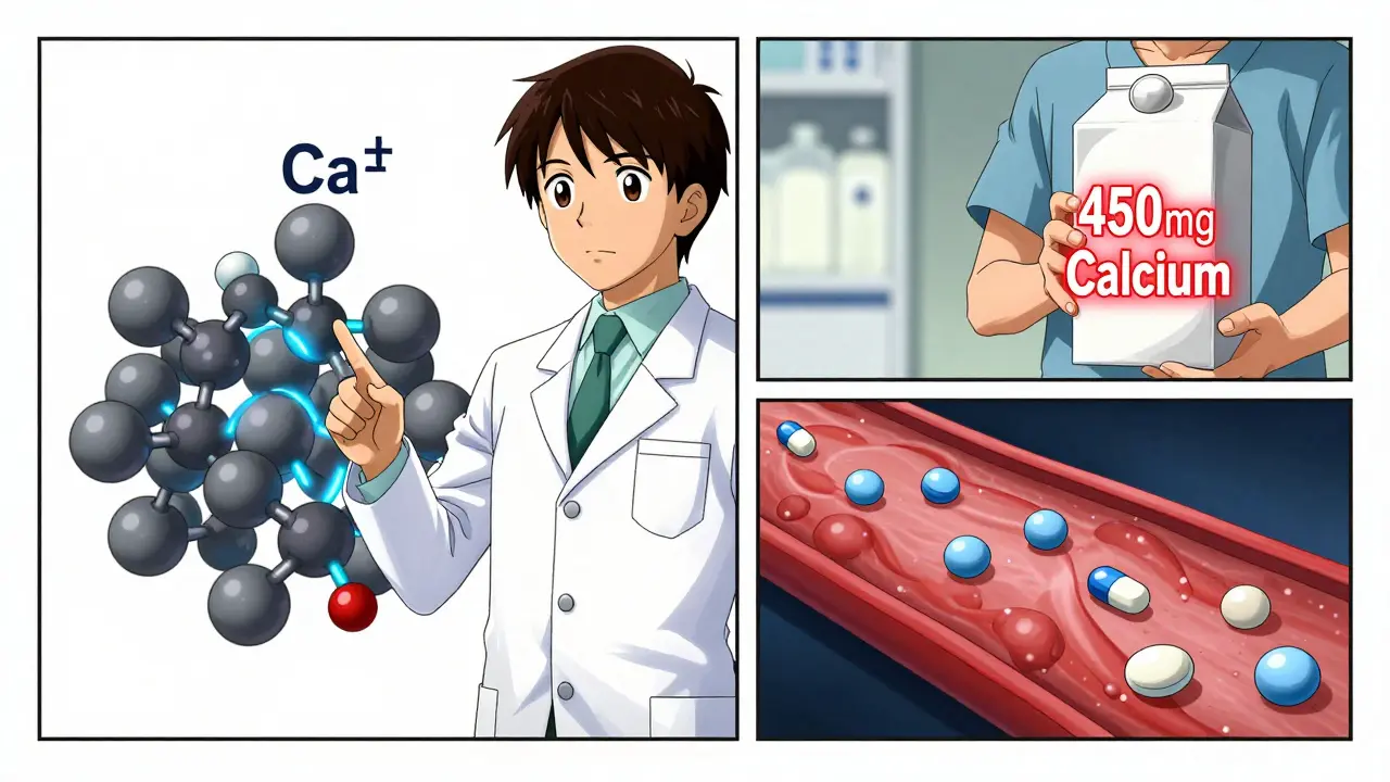 Pharmacist explaining calcium binding to antibiotics using a molecular diagram, with almond milk carton labeled with high calcium.