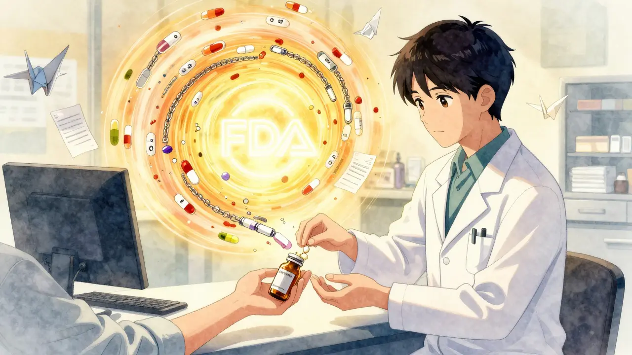 Pharmacist gives pill to patient as floating lot numbers and blockchain chains form a protective halo.
