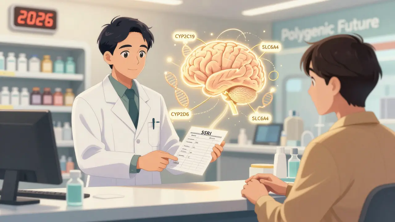 Pharmacist giving personalized SSRI dosage chart with floating gene helixes and brain illustration, representing personalized treatment.