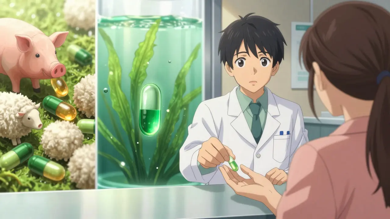 Pharmacist handing vegan capsule to patient, with contrasting animal-derived capsules in background.