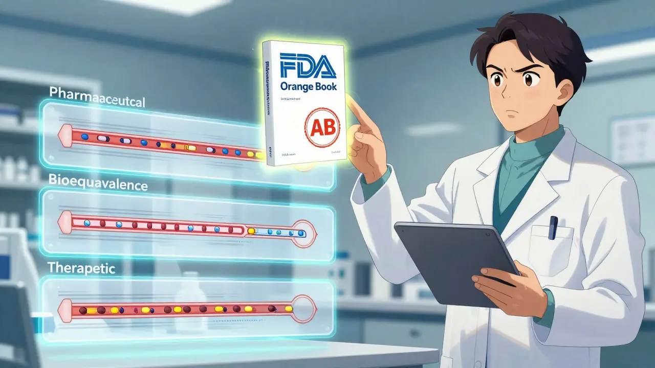 Pharmacist pointing to a floating FDA Orange Book with three equivalence tiers.