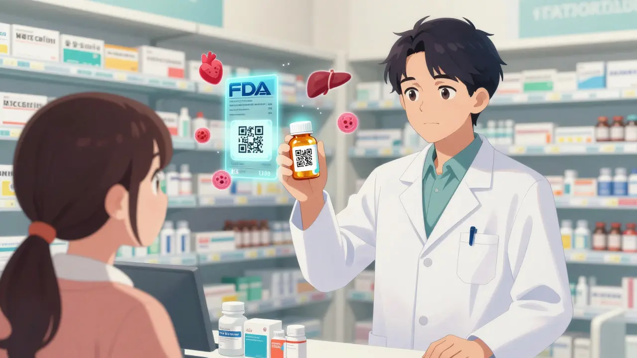Pharmacist showing a holographic FDA fact sheet beside generic pills with a glowing QR code.